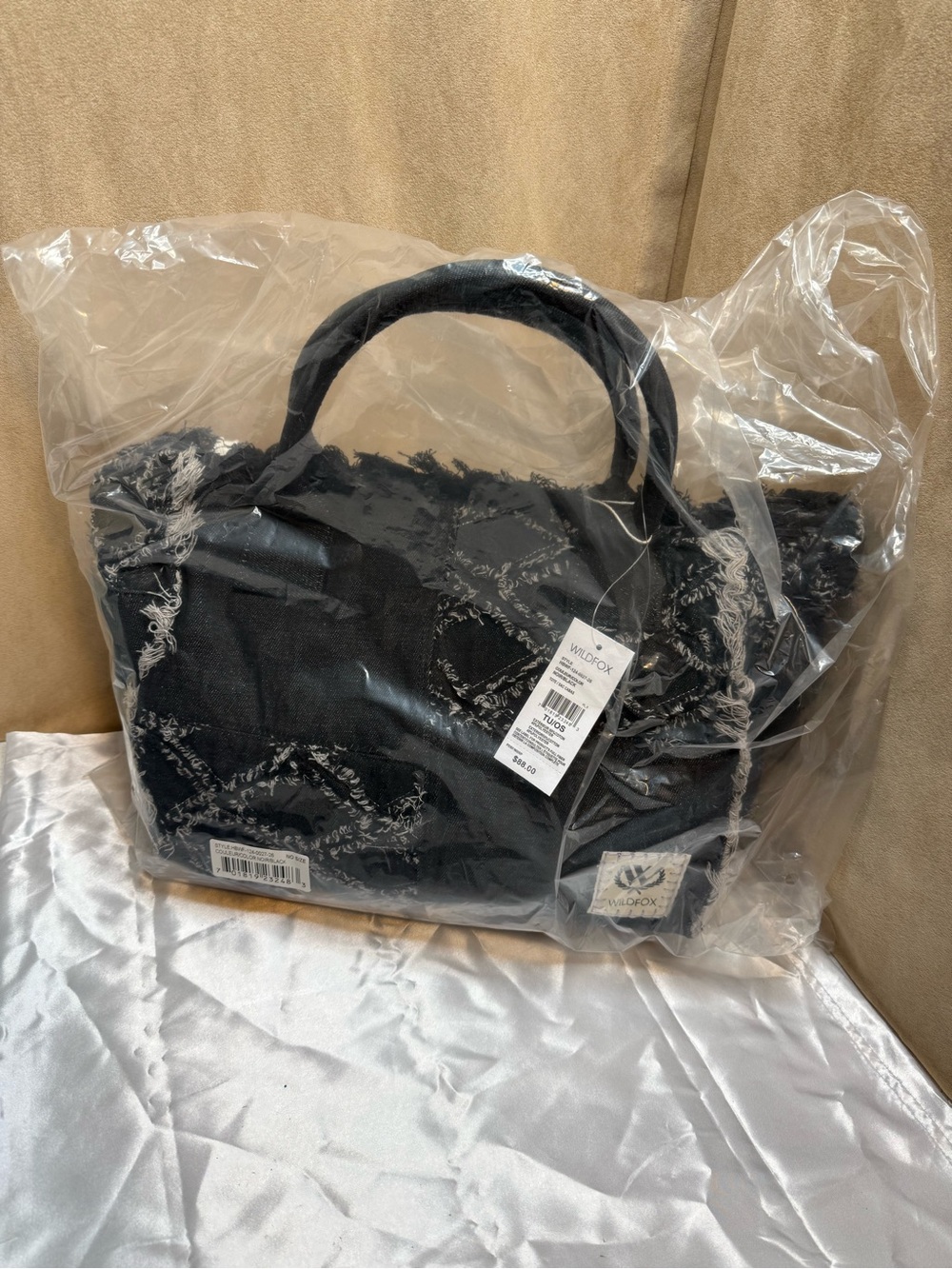 NWT Wildfox Black Frayed Denim Canvas Tote Bag Oversized Shopper $88 MSRP - Picture 2 of 7
